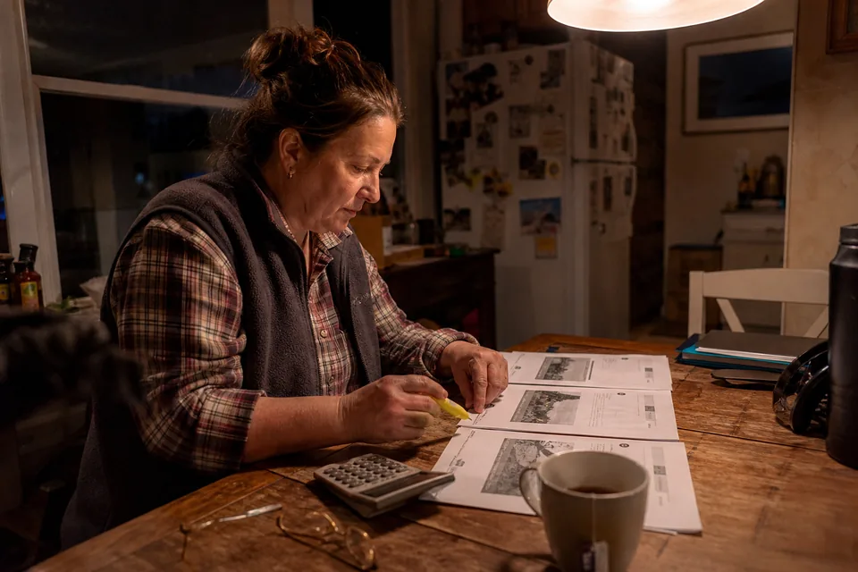 A small business owner at her kitchen table late in the evening compares three printed proposals laid side by side, highlighter in hand