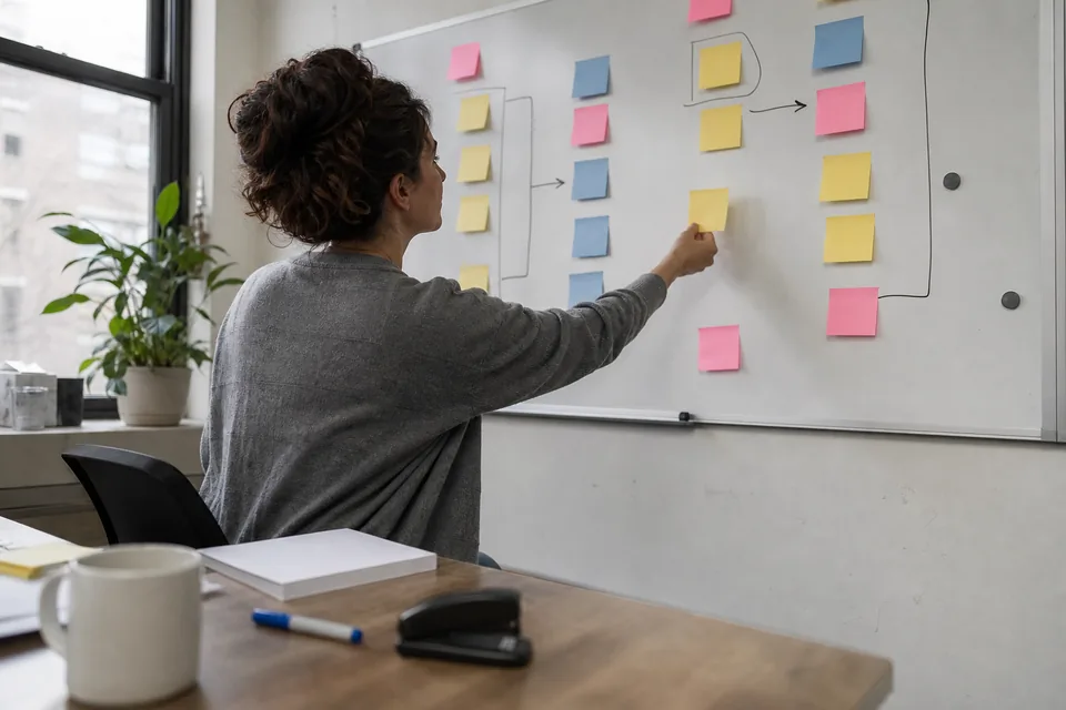 A marketing lead in a small agency office arranges blank colored sticky notes into a weekly grid on a whiteboard, seen from behind her shoulder