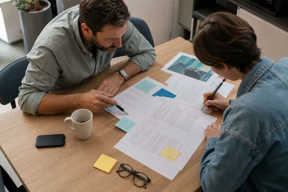 Two colleagues at a table go through printed social post drafts with handwritten corrections, one pointing at a paragraph