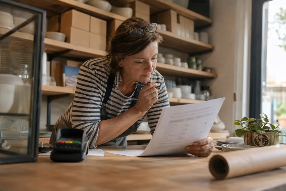 A shop owner reads a printed weekly marketing report at the counter of her small store, pen in hand, boxes of stock behind her